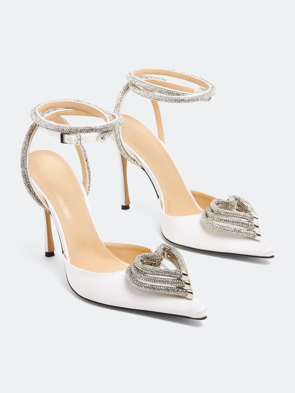 MACH & MACH White Satin Pointed-Toe Crystal Heart Ankle-Strap Heels